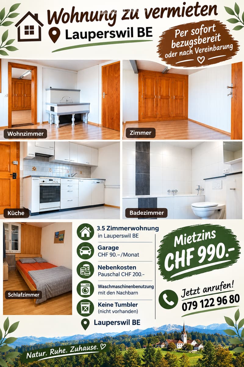 Rental property advertisement for a 3.5-room apartment in Lauperwil BE, featuring a living room, bedroom, kitchen, bathroom, and garage.
