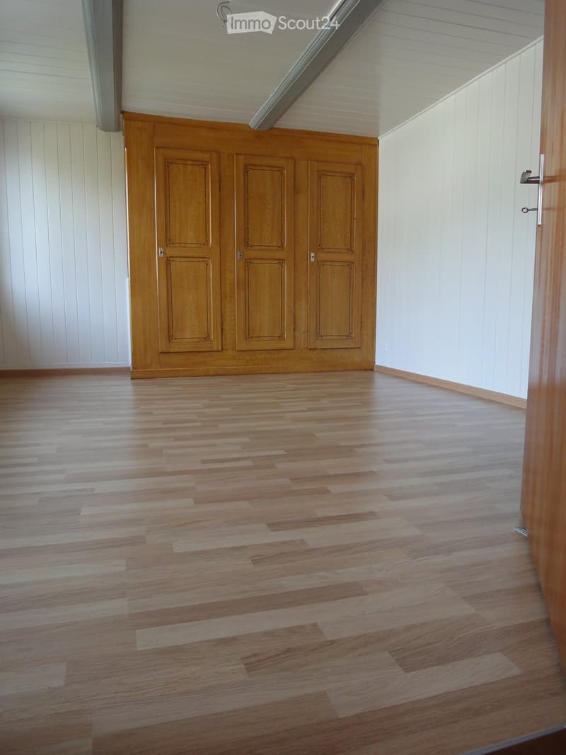 Empty room with wooden flooring and white paneled walls, featuring a large wooden cabinet with three doors.