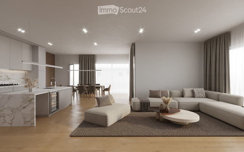 Modern open-plan living and dining area with a sectional sofa, coffee table, dining table with chairs, and a kitchen island with a sink and faucet.