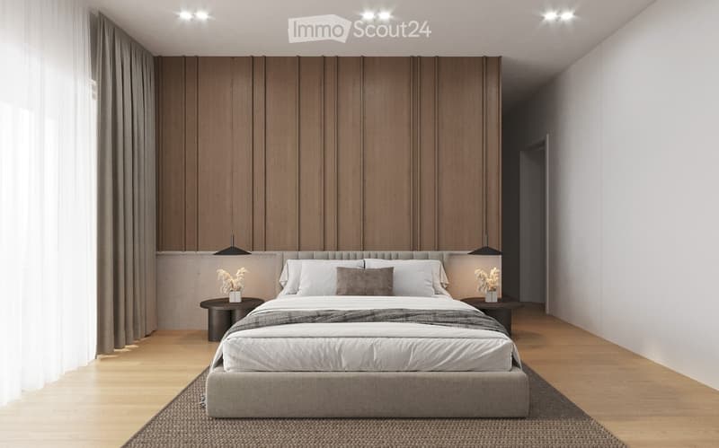 Modern bedroom with a large bed, nightstands, table lamps, and a wooden accent wall.
