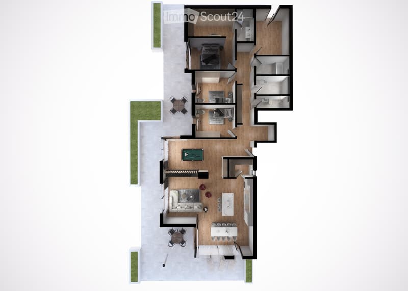 Layout includes living room, dining area, kitchen, bedrooms, bathrooms, and outdoor patio with seating.