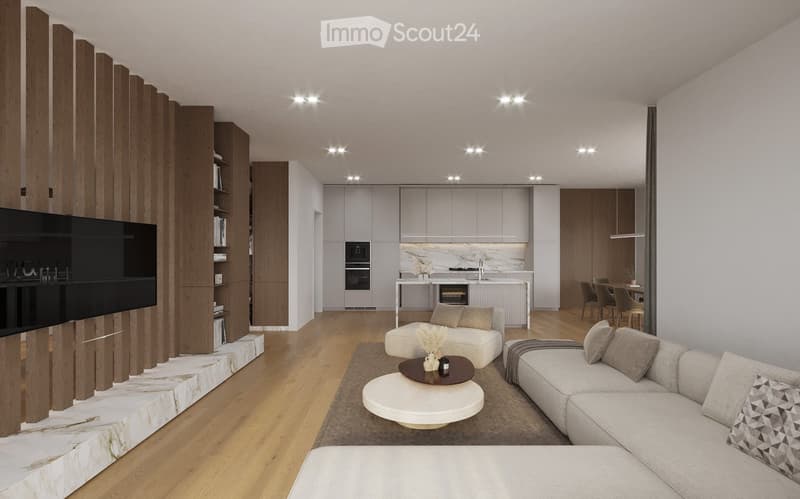 Modern living room and kitchen area with a sofa, coffee table, ottoman, dining table, and kitchen cabinets.
