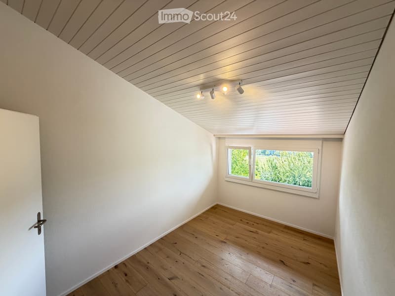 Empty room with wooden flooring, white walls, and a large window with a view of greenery. The ceiling features recessed lighting and a skylight.