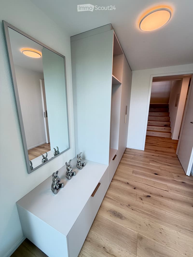 Modern hallway with light wooden flooring, white walls, built-in storage unit, and a large mirror. Features recessed lighting and decorative silver figurines on a white console table.