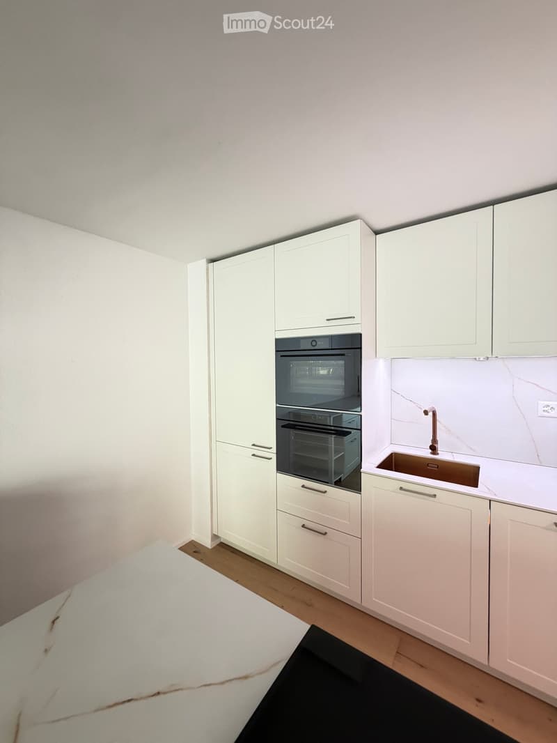 Modern kitchen with white cabinets, double oven, sink, and faucet.