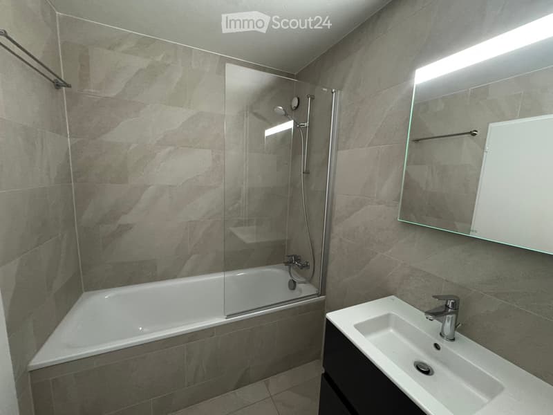 Modern bathroom with a bathtub, sink, mirror, and glass shower enclosure.