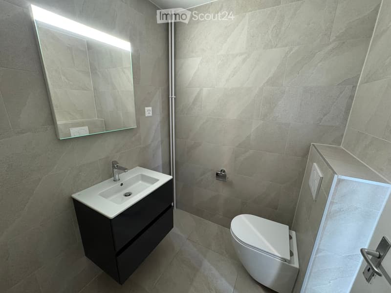 Modern bathroom with grey tiled walls and floor, featuring a white sink with a black cabinet, a chrome faucet, a large mirror with built-in lighting, and a white toilet.