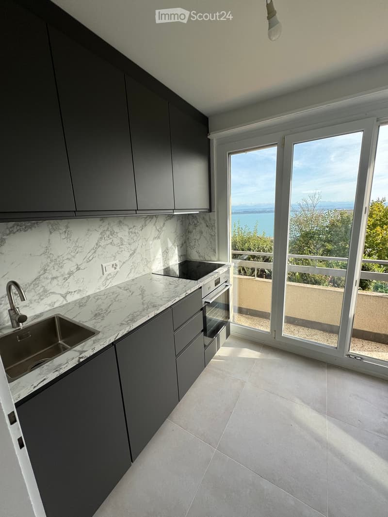 Modern kitchen with dark grey cabinets, marble countertops, stainless steel sink and faucet, built-in oven, and large windows offering a scenic view of the water and trees.