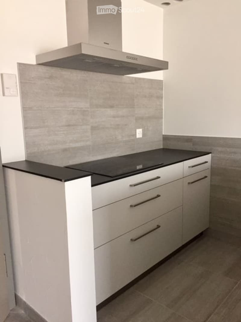 Modern kitchen with white cabinets, black countertop, induction cooktop, and a stainless steel range hood.