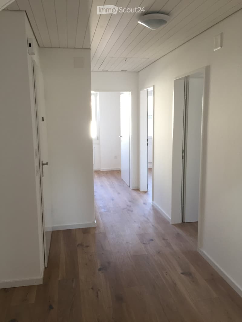 Empty hallway with light wooden flooring, white walls, and several doors leading to other rooms.
