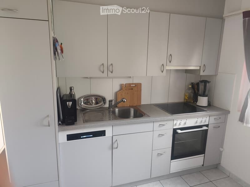 Modern kitchen with white cabinets, stainless steel sink, electric stove, oven, and various appliances including a coffee maker and blender. The countertop features a wooden cutting board and a dish rack with dishes.