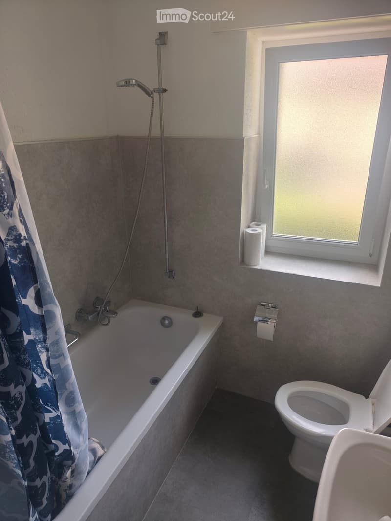 Bathroom with a bathtub, toilet, shower, and toilet paper on the windowsill.