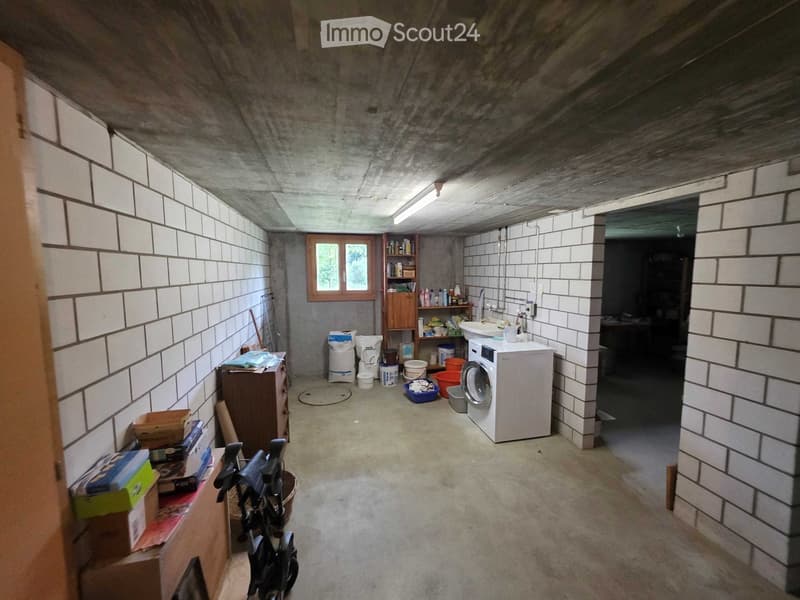 The room is a utility space with a washing machine, sink, shelves, and various storage items. The walls are tiled, and the floor is concrete.