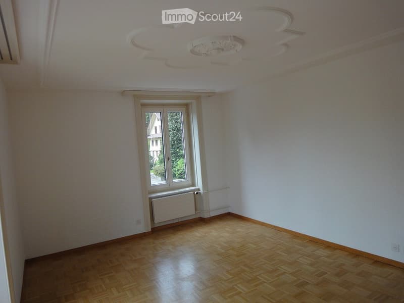 Empty room with wooden flooring, white walls, and a large window with a view of a house and greenery outside. The room features a radiator under the window and a ceiling light fixture.