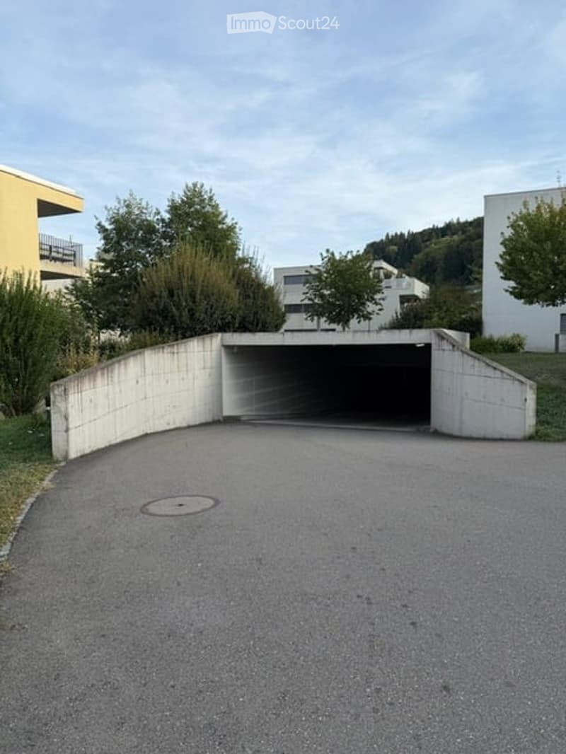 A concrete garage entrance with a paved driveway leading into it, surrounded by greenery and neighboring buildings.