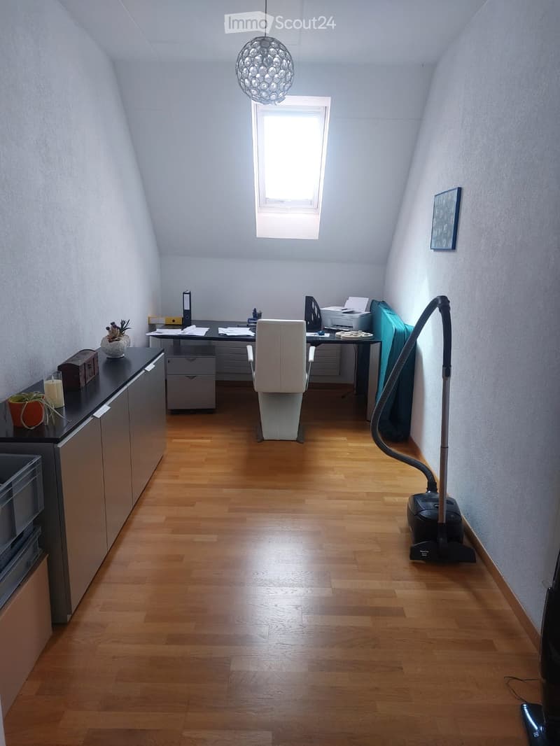 Bright room with wooden flooring, a large window, a desk with a chair, a cabinet with potted plants, and a vacuum cleaner in the corner.