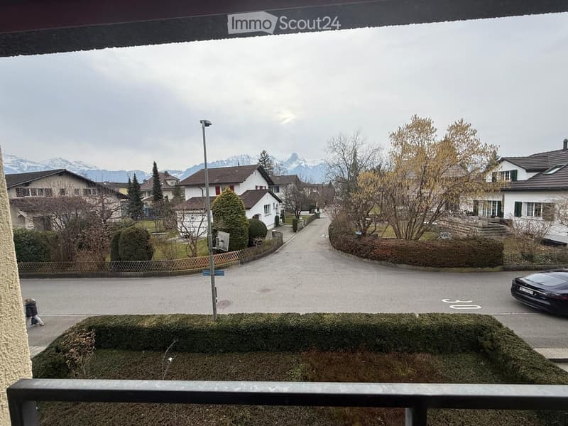Balcony overlooking a residential street with houses, trees, and distant mountains.