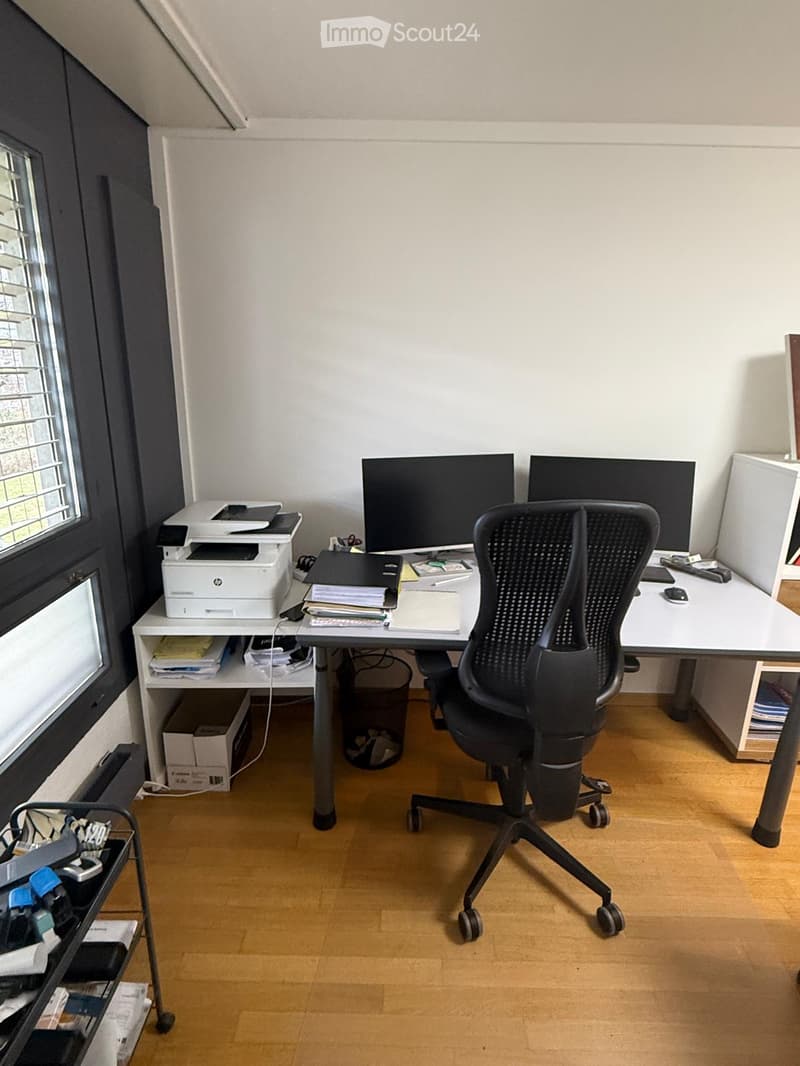 Office space with a desk, ergonomic chair, two monitors, printer, and various office supplies.