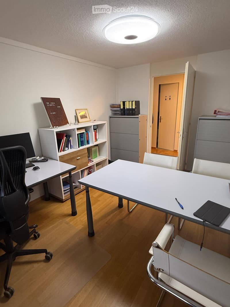Office space with wooden flooring, a large central table, chairs, a bookshelf, a filing cabinet, and a computer screen.
