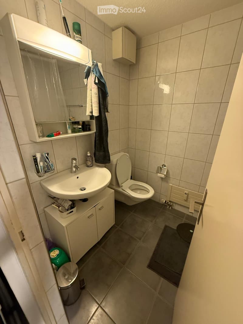 A compact bathroom with a sink, toilet, mirror, and cabinet. The sink has a modern faucet, and a towel hangs on the wall. A small cabinet is positioned next to the sink, and a mirror is mounted above it. The floor is tiled, and a dark-colored rug is place