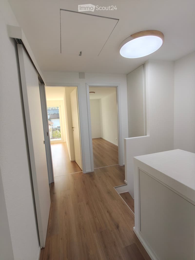 Bright hallway with wooden flooring, white walls, and modern lighting fixture. Doors lead to other rooms and a balcony area.