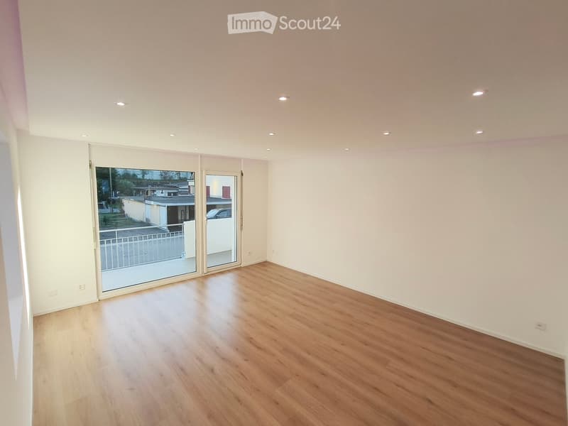 Empty room with light wooden flooring, white walls, and a large sliding glass door leading to a balcony area.