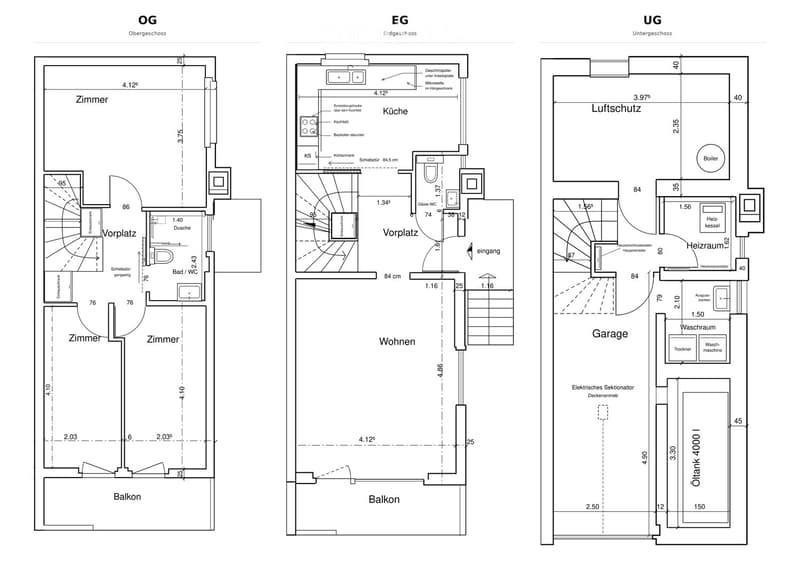 Floor plan showing three levels: upper floor with bedrooms, balcony, and bathroom; ground floor with living area, kitchen, and balcony; basement with garage, utility room, and storage.