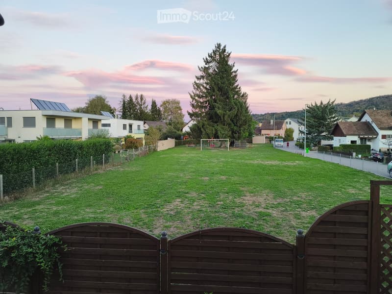 A well-maintained lawn with a wooden gate in the foreground, surrounded by trees and neighboring houses. The sky shows a soft pink hue, indicating either sunrise or sunset.