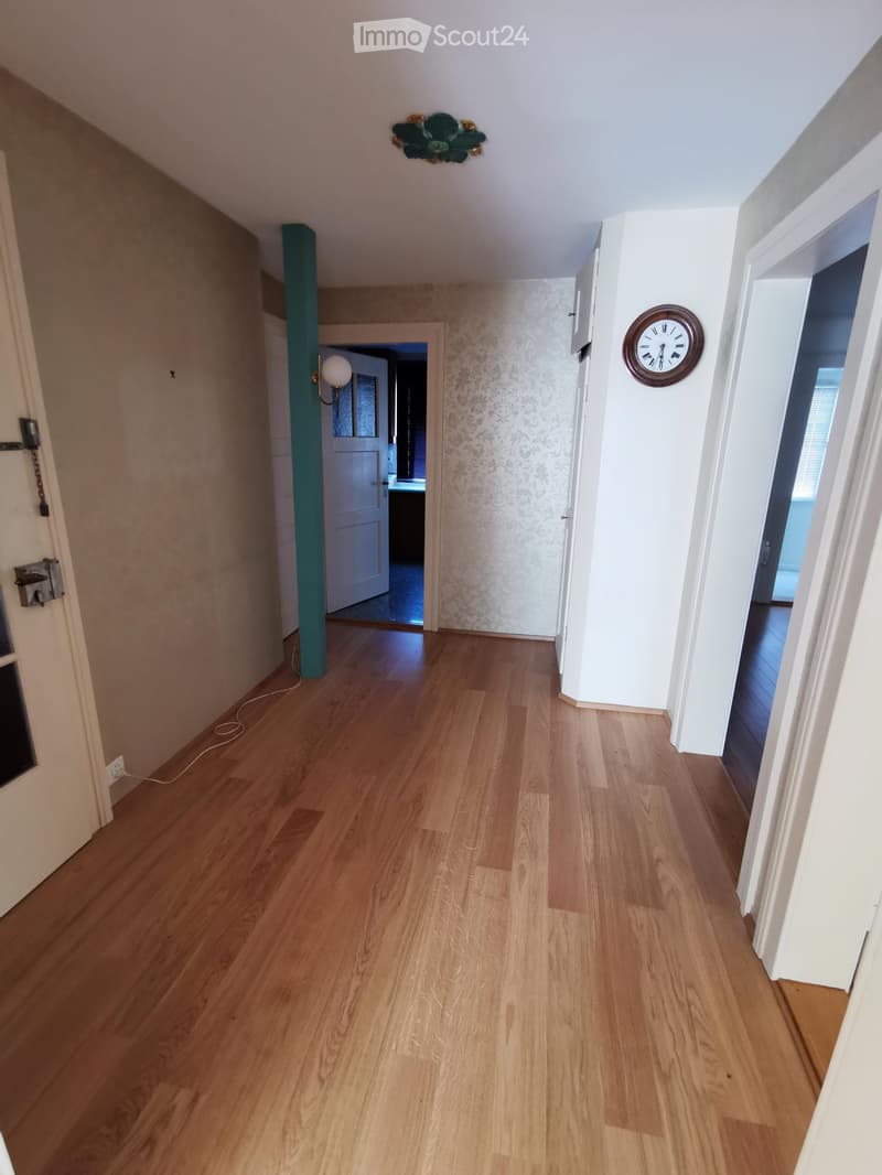 Empty hallway with wooden flooring, white walls, and a decorative ceiling light. Features a wall-mounted clock and a wall-mounted light fixture.