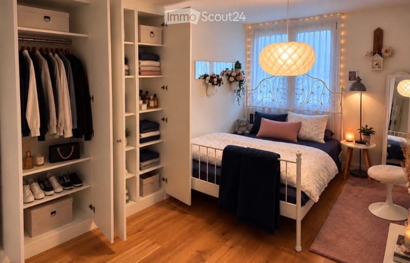 Cozy bedroom with a white metal bed, pink pillows, a large wardrobe with folded clothes and shoes, a round mirror, a small table lamp, and a hanging pendant light.