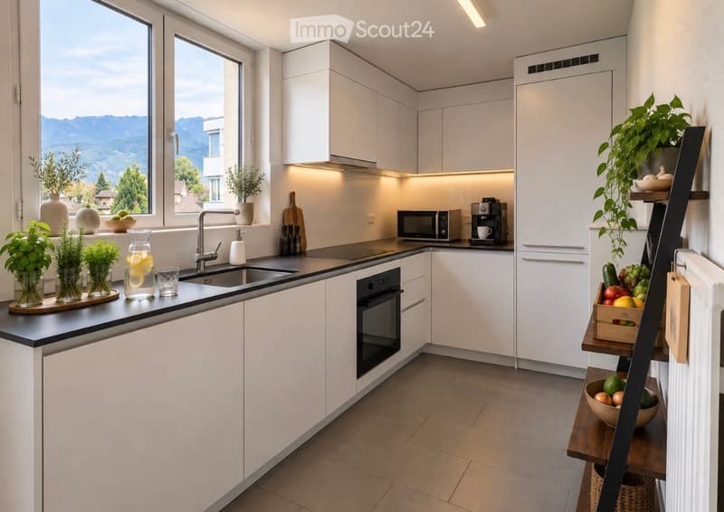 Modern kitchen with white cabinets, black countertops, and a view of mountains through large windows. Includes a sink, microwave, coffee maker, oven, and various decorative items like plants and vases.