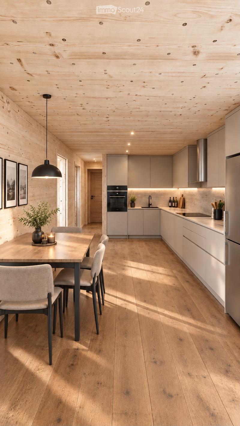 Open-plan kitchen and dining area with light wood flooring and ceiling, modern cabinets, and a central dining table with chairs.