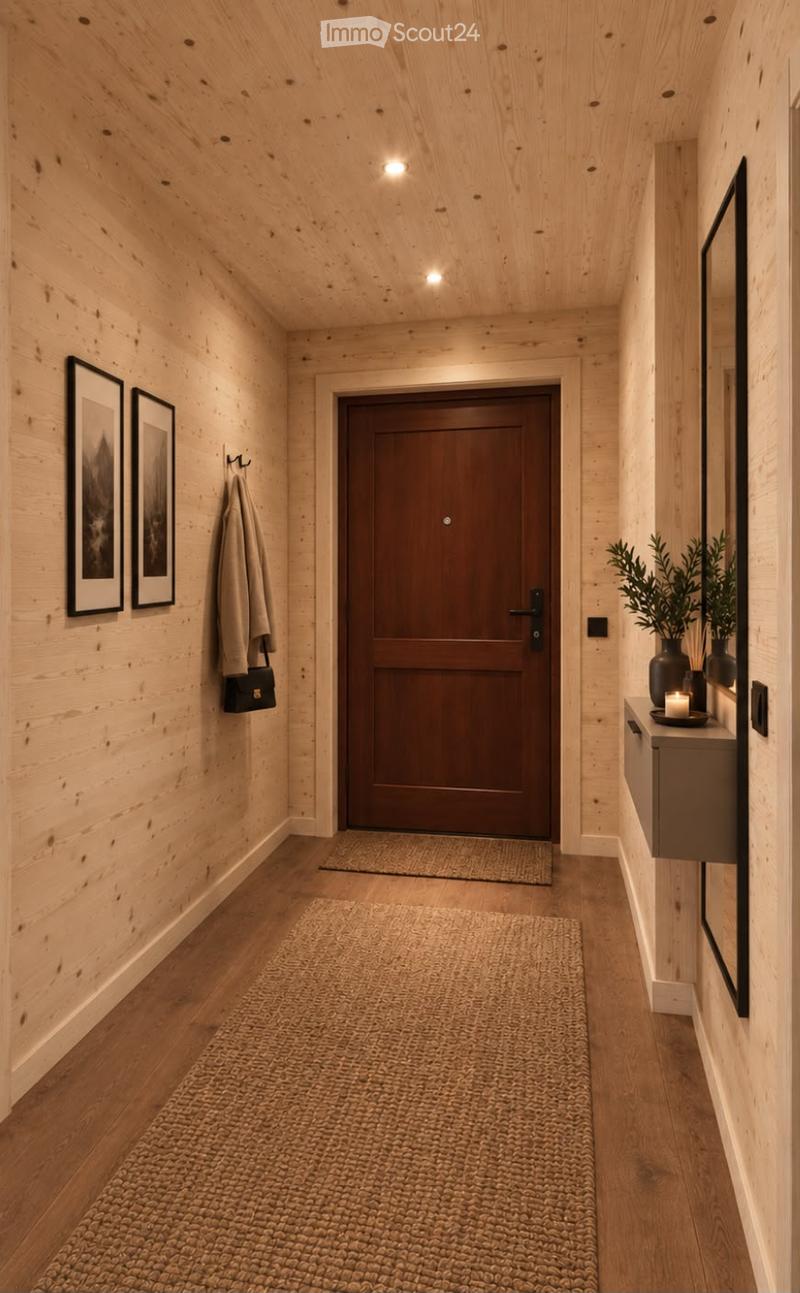 Cozy hallway with wooden walls and floors, featuring a large central door, two framed pictures, a small console table with a candle and plant, and a woven rug.