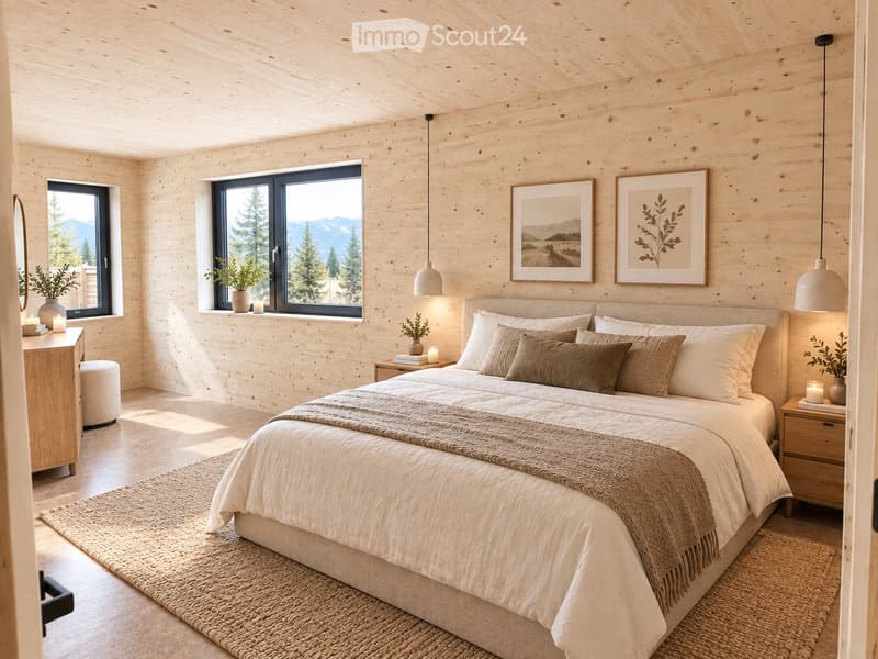 Cozy bedroom with wooden walls and ceiling, large windows offering a scenic mountain view, a neatly made bed with pillows and a blanket, nightstands with lamps, a mirror, and decorative plants.