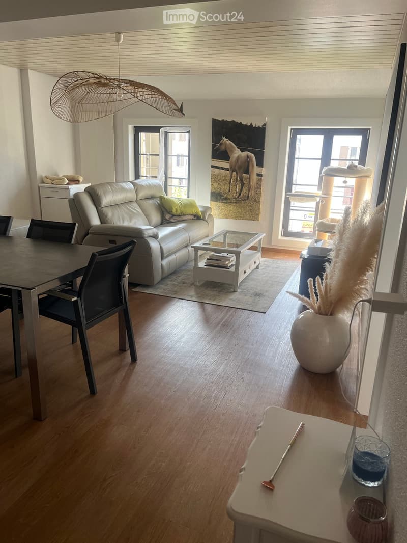 Modern living room with a grey leather sofa, glass coffee table, dining table with chairs, cat tree, decorative vase, and artwork on the wall.