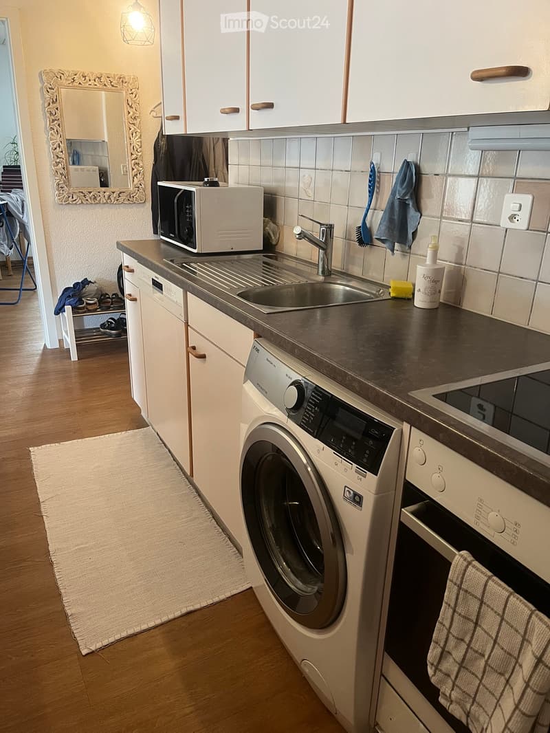 Modern kitchen with white cabinets, stainless steel sink, microwave, washing machine, and dishwasher. Includes a mirror, towel, and small stool near the entrance.
