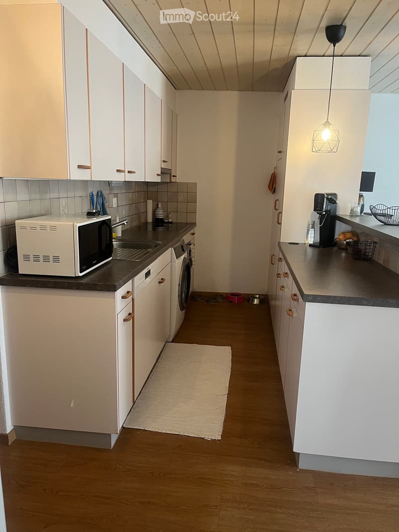 Modern kitchen with white cabinets, dark countertops, and wooden flooring. Includes microwave, sink, dishwasher, washing machine, coffee maker, and various small appliances.