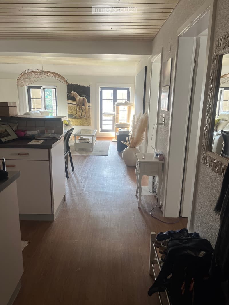 Open-plan living and dining area with wooden flooring, large windows, a cat tree, a white vase with dried plants, a small table, and a laptop on a counter.