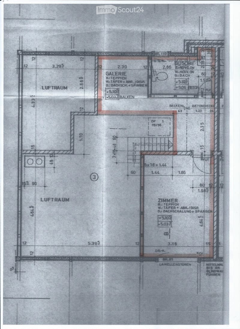 Floor plan showing a layout with labeled areas including 'LUFT RAUM', 'GALERIE', 'ZIMMER', and 'DUSCHE'. Dimensions and measurements are indicated throughout the plan.