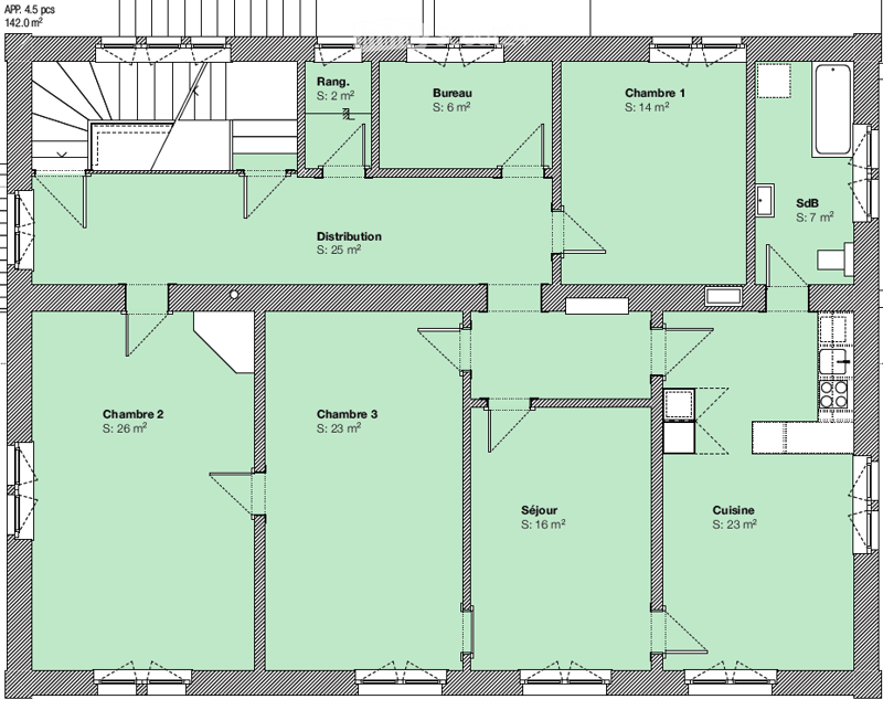 Floor plan of a 142.0 m² apartment with3 bedrooms, a living room, a kitchen, a bathroom, a hallway, and a storage area.