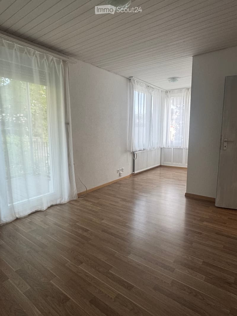 Empty room with wooden flooring, white walls, large windows with white curtains, and a radiator. No furniture or equipment present.