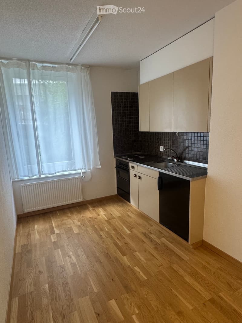 Modern kitchen with light wooden flooring, white cabinets, black tiled backsplash, and stainless steel sink and oven.