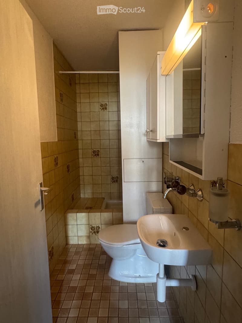 Small bathroom with tiled walls and floor, featuring a toilet, sink, mirror, and cabinet.