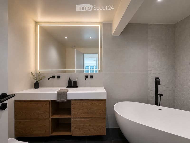 Modern bathroom with double sink, wooden cabinet, large mirror with LED lighting, bathtub, and sleek black fixtures.