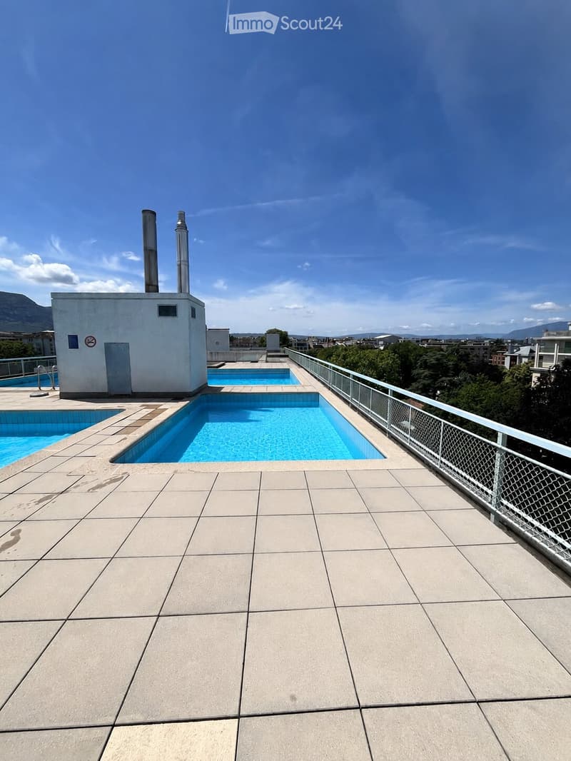Roof terrace with two swimming pools, tiled flooring, metal railing, and a small utility building with chimneys.