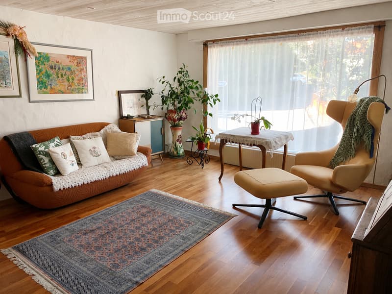 Cozy living room with wooden flooring, a patterned rug, a brown sofa with decorative pillows, a beige armchair with an ottoman, a small side table with a plant, and artwork on the walls.