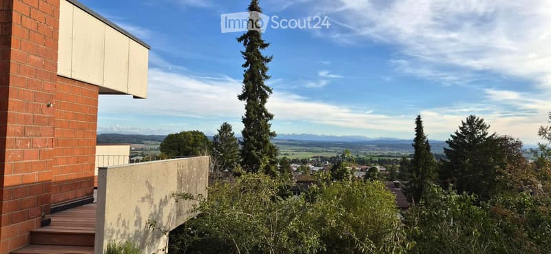 Balcony with wooden decking, overlooking a scenic landscape with trees, fields, and distant mountains.