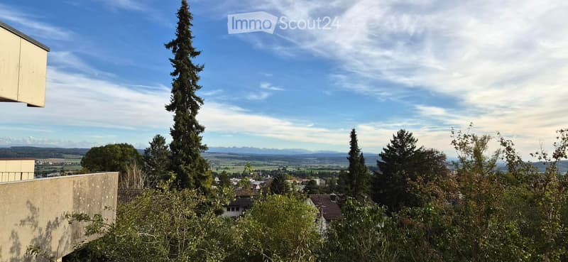 Balcony with a scenic view of a town, trees, and distant mountains under a partly cloudy sky.
