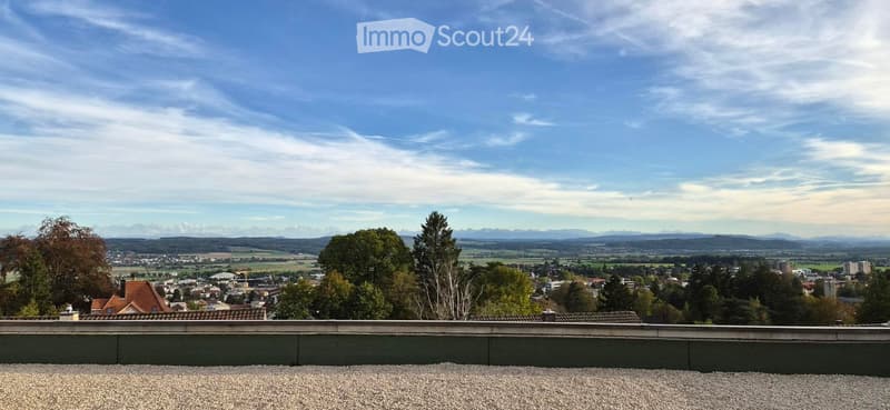 Panoramic view of a town and surrounding mountains from a rooftop terrace.