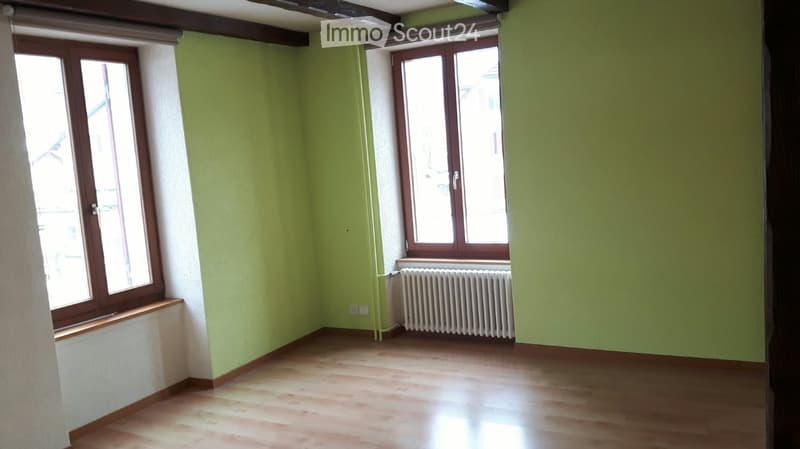 Empty room with light green walls, wooden flooring, and two windows with wooden frames. A radiator is placed under one of the windows.